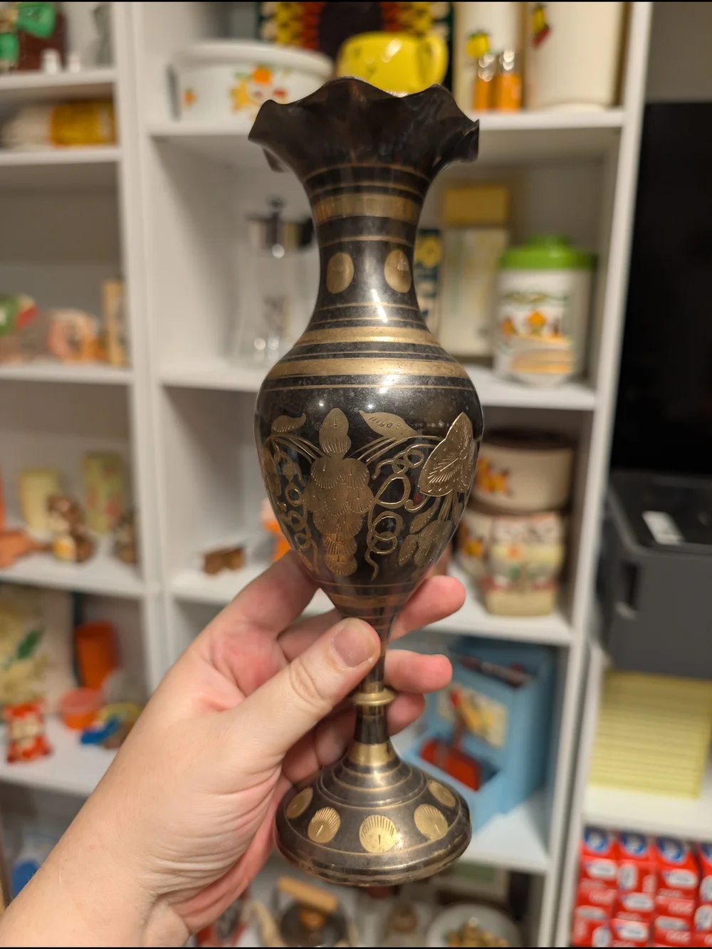 Brass Floral Etched Pedestal Vase - Mixed Metal Vintage